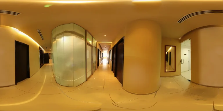 Pasillos del ala A de la clínica dental del Dr. Virgilio Castillero en Panamá, con diseño moderno, iluminación elegante y acceso a consultorios equipados.